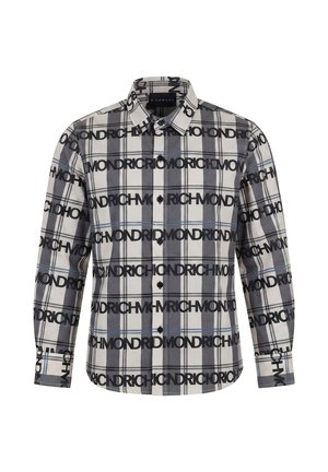 Camicia a maniche lunghe con bottoni, motivo a quadri nero e grigio e testo nero in grassetto "RICHMOND" stampato orizzontalmente sul tessuto.