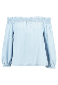 Jasnoniebieska bluzka z odkrytymi ramionami, z marszczonym dekoltem i długimi, bufkowymi rękawami. Wykonana z miękkiego, lekkiego materiału.