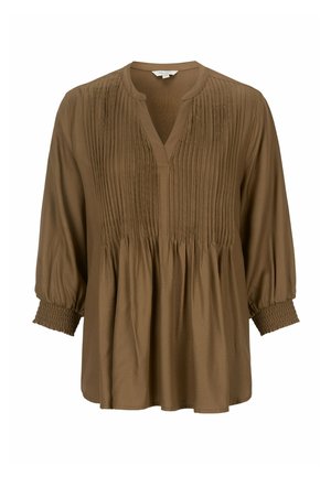 Lichtbruine blouse van een lichtgewicht stof met een V-hals, geplooide voorkant en driekwart pofmouwen. Heeft smock-mouwen en een ontspannen pasvorm.