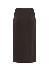 Jupe droite marron foncé longueur genoux avec taille élastique et poches latérales sur fond blanc.