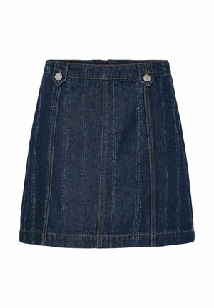 Mørkeblå denimnederdel med lodrette syningslinjer, frontlommer og sølvfarvede knapdetaljer. A-line form med en ren kant.