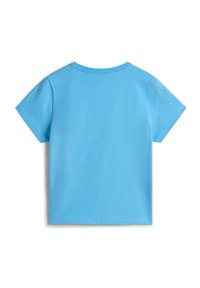 Vaaleansininen lyhythihainen t-paita pyöreällä pääntiellä, valmistettu pehmeästä puuvillakankaasta, jossa on yksinkertainen takaosa ja sileä rakenne.