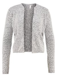 Cardigan texturé gris et blanc avec manches longues, devant ouvert et finition duveteuse. Présente un motif discret sur l'ensemble.