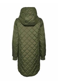 Kviltad lång kappa i mörk olivgrön med huva, med ett diamantmönster, ribbade muddar och en rundad nederkant för ökad täckning.
