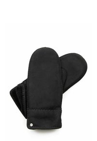 Schwarze Wildlederfäustlinge mit glatter Textur, abgerundeten Fingerspitzen und einem genähten Bündchen. An einem Fäustling ist ein kleiner silberner Akzent sichtbar.