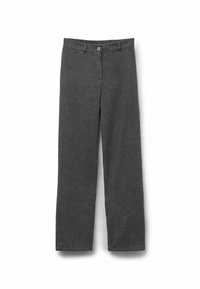 Grijze wollen broek met een rechte pasvorm, voorzien van een knoop- en ritssluiting aan de voorkant, riemlussen en zonder zichtbare patronen of versieringen.