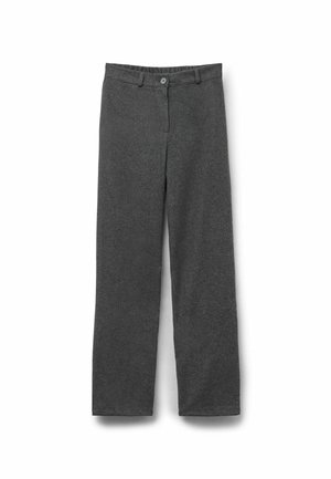 Pantalones de lana gris con corte recto, que presentan un cierre delantero de botón y cremallera, passadores para cinturón y sin patrones ni adornos visibles.