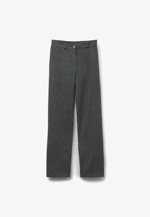 Graue Wollhosen mit geradem Schnitt, mit einem vorderen Knopf- und Reißverschluss, Gürtelschlaufen und ohne sichtbare Muster oder Verzierungen.
