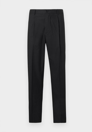 Sorte skræddersyede bukser med glat front, bæltestropper, enkel knaplukning og en glat stoftekstur.