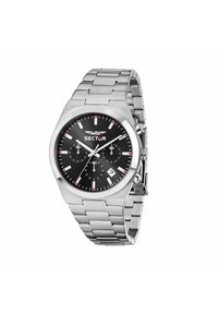 Orologio in acciaio inox argentato con quadrante rotondo nero, dettagli bianchi e rossi, funzioni cronografo e finestra data alle 4.