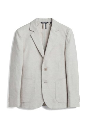 Blazer homme gris clair avec revers en pointe, deux poches plaquées devant et fermeture à un bouton, posé à plat sur fond blanc.
