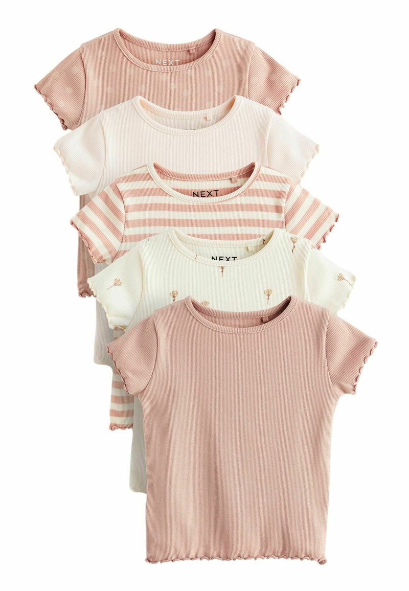 Viis lühikeste varrukatega särki pehmest puuvillast. Värvid hõlmavad roosat, kreemi ja valget ning mustrid nagu triibud ja lillemustrid. Ribikude.