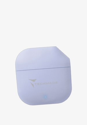 Custodia rettangolare bianca per auricolari wireless con angoli arrotondati, logo TECHMADE e una piccola spia blu sul davanti.