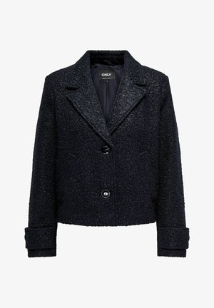 Marineblaues, strukturiertes Jacket mit Reverskragen, vorderen Knöpfen und seitlichen Taschen. Mit langen, hochgerollten Ärmeln und einem weichen Futter.