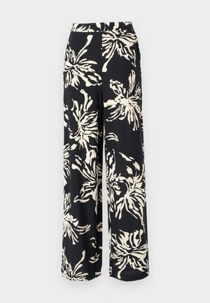 Zwarte wijde broek van stof met een groot crèmekleurig bloemenpatroon. Het ontwerp heeft een hoge taille en een vloeiende silholette.