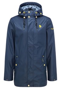 Navy waterproof jacket with a hood, yellow accents, and a smooth texture. Features snap buttons and drawstring for adjustable fit.