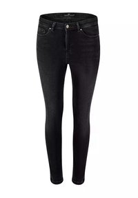 Czarne, obcisłe dżinsy wykonane z denimu o gładkiej fakturze. Posiadają pięć kieszeni oraz zapięcie na srebrny guzik.