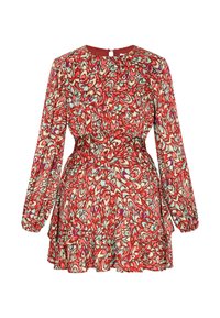 Rochie roșie cu flori, cu mâneci lungi, guler rotund și volane stratificate la tiv. Materialul are un model de frunze învârtite cu accente de verde mentă.