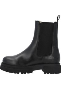 Zwarte leren Chelsea-boot met elastische zijpanelen, ronde neus en een stevige rubberen zool met een geprofileerd patroon voor grip.
