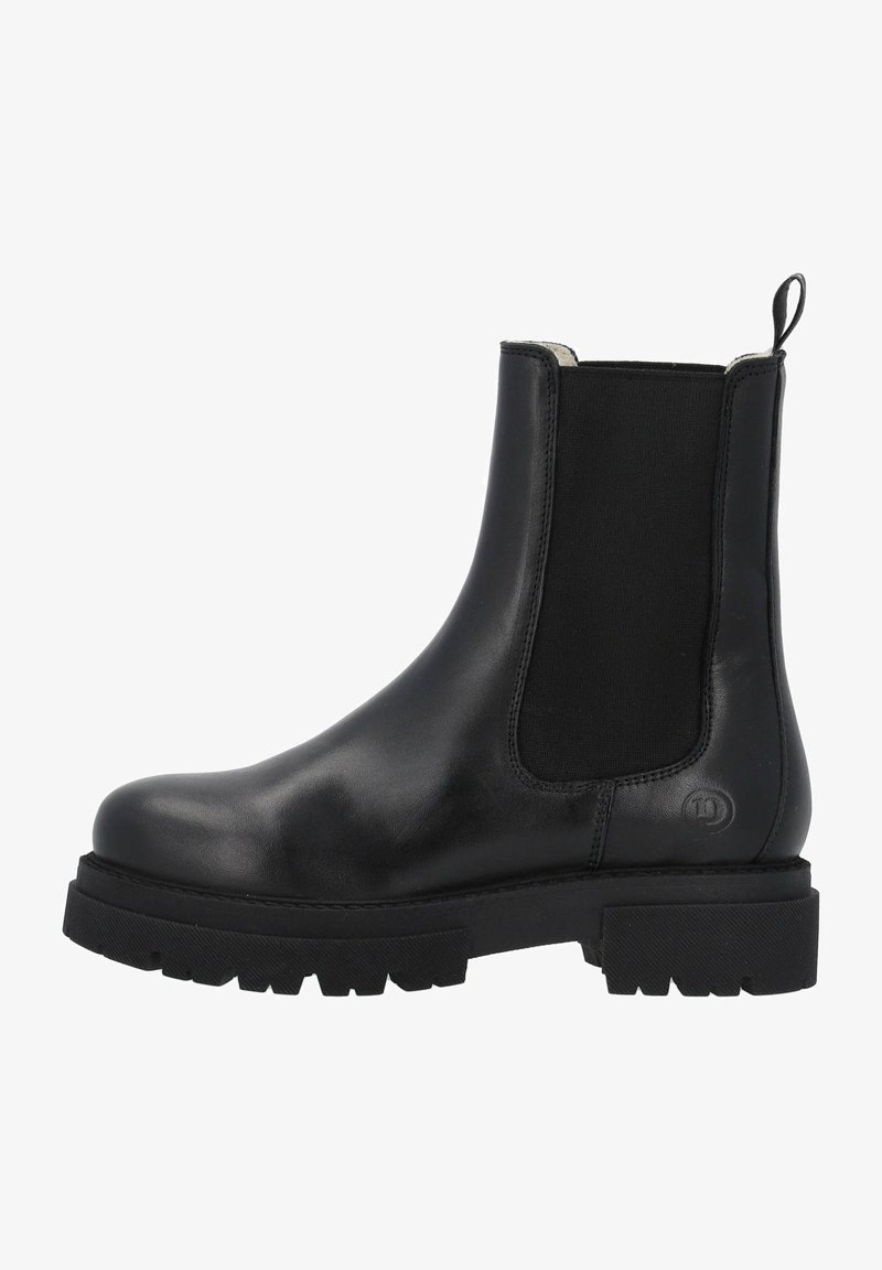 Zwarte leren Chelsea-boot met elastische zijpanelen, ronde neus en een stevige rubberen zool met een geprofileerd patroon voor grip.