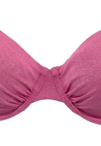 Rožinė push-up bikini liemenėlė su blizgiomis medžiagomis, susiraukšlėtu centru ir lygiu paviršiumi. Yra plačios reguliuojamos petnešėlės ir paminkštinimas.
