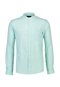 Camicia a maniche lunghe verde menta chiaro in lino, con colletto alla cinese, chiusura con bottoni e taschino sul petto. Tessuto testurizzato.