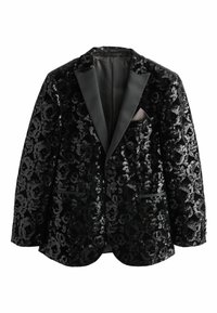Zwarte fluwelen blazer met een textuur bloemenpatroon, satijnen revers, twee voorzakken en een sluiting met één knop.