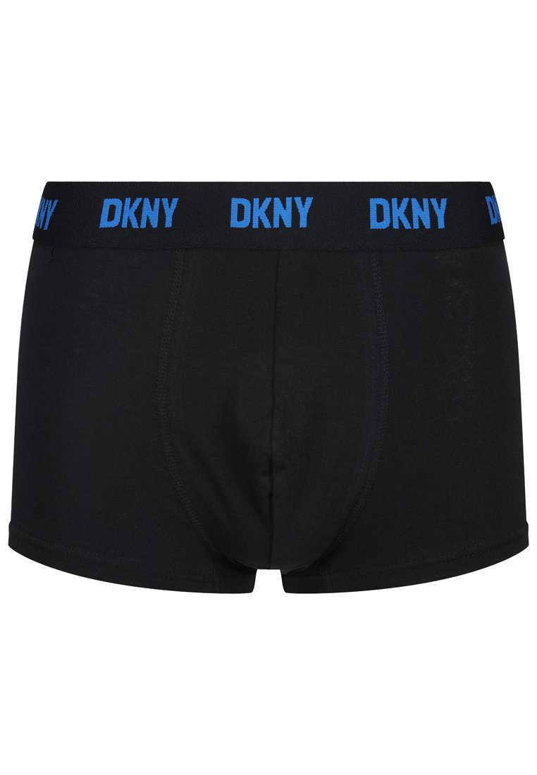 Boxer briefs negros para hombres con una cinturilla ancha negra que presenta el logo azul de DKNY repetido alrededor.