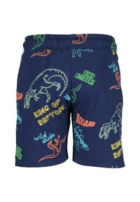 Shorts bleu marine en coton ornés d'illustrations de dinosaures colorées et de textes tels que "ROI DES RAPTOR" et "ATTAQUE DINO !" dans diverses couleurs.
