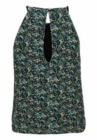 Haut sans manches à motifs floraux dans des teintes de bleu canard, vert et beige. Présente une découpe en forme de trou de serrure à l'arrière et un tissu doux et texturé.