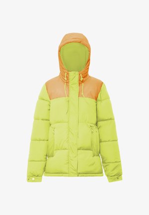 Puffet vinterjakke i neongrøn og orange. Har en lynlås foran, justerbar hætte og to sidelommer med lynlåse. Glat tekstur.