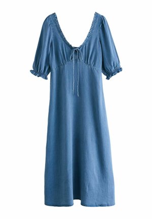 Denimmekko, jossa on V-pääntie, lyhyet puffihihat ja koottu vyötärö. Etuosassa on solmukuvio ja hihansuissa röyhelöt.