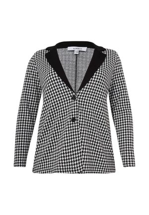 Schwarze und weiße Hahnentrittmuster-Blazer mit schwarzem Revers, langen Ärmeln und zwei Vordertaschen. Mit Knopfverschluss.