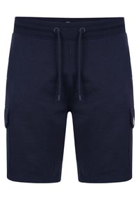 Shorts décontractés bleu foncé avec taille à cordon de serrage et poches latérales à rabat, fabriqués en tissu doux.