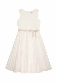 Weißes Kleid mit engem Oberteil, ärmellosem Design und plissiertem Rock. Verfügt über einen Satin-Gürtel mit Schleife an der Taille.