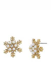 Guldtonade örhängen formade som snöflingor, med vita pärla accenter och små klara rhinestones för extra detalj.