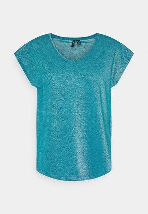 Teal glittery short-sleeve T-shirt with a round neckline and a relaxed fit, featuring a smooth texture and subtle shimmer.