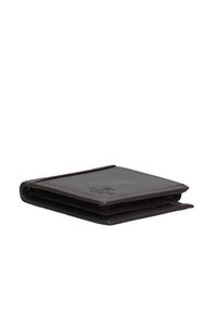 Bruine leren portemonnee met een gestructureerde afwerking, bi-fold ontwerp, zichtbare stiksels en externe kaarthouders. Compact en minimalistisch model.