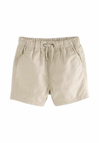Beige Baumwollshorts mit elastischem Bund, Kordelzug und seitlichen Taschen. Glatte Textur und einfaches Design.