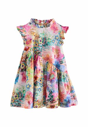 Robe pour tout-petit avec motif floral multicolore, manches courtes à volants et jupe froncée sur fond blanc.