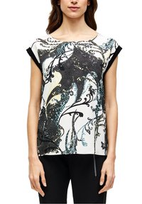Top a maniche corte con un motivo floreale nero, bianco e teal. Presenta un collo rotondo e spacchi laterali. Realizzato in un materiale morbido e leggero.