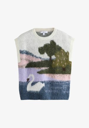 Maglione lavorato a maglia con un motivo paesaggistico che raffigura un cigno bianco, alberi e colori pastello. Texture morbida, maniche corte e scollo rotondo.