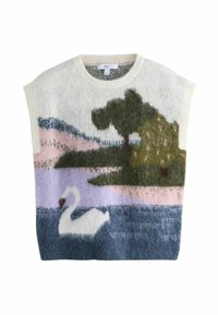 Strickpullover mit Schwan- und Landschaftsdesign in Grüntönen, Rosa und Blau. Weicher, strukturierter Stoff mit Rundhalsausschnitt und Ärmelchen.