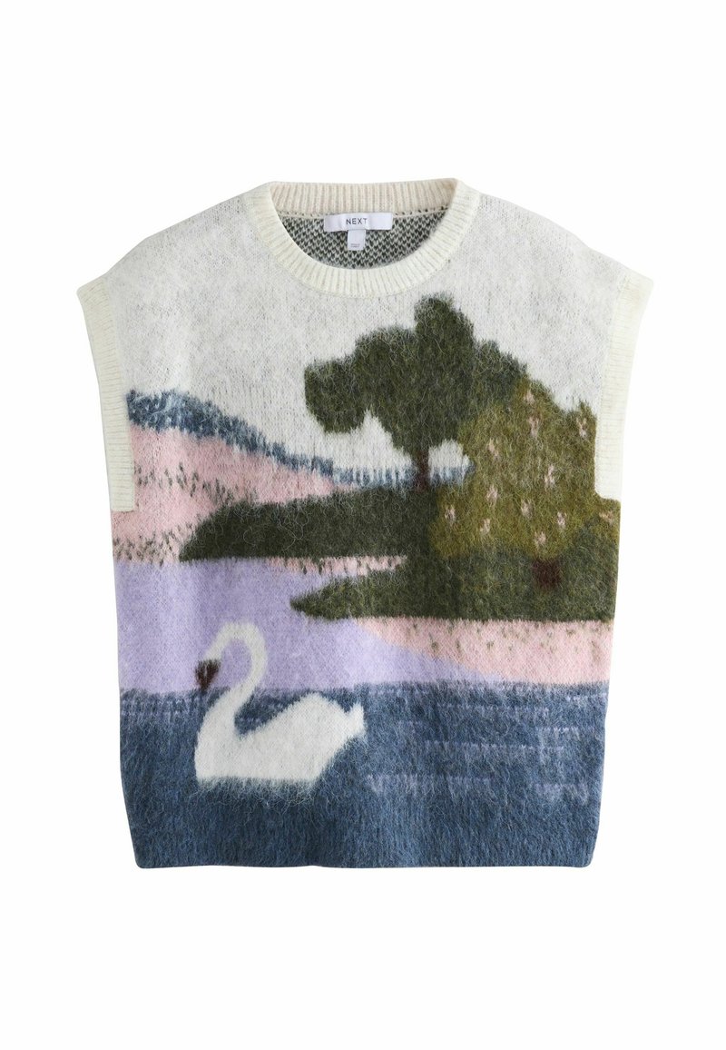 Strickpullover mit Schwan- und Landschaftsdesign in Grüntönen, Rosa und Blau. Weicher, strukturierter Stoff mit Rundhalsausschnitt und Ärmelchen.