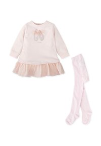 Top de manga larga rosa con gráfico de zapatos de ballet, sobrefalda de tul y medias rosas a juego. Material de algodón suave con toques brillantes.
