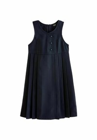 Marineblaue ärmellose Kleid mit rundem Ausschnitt, vorderer Knopfleiste und plissiertem Rockdesign. Hergestellt aus einem glatten Stoff.