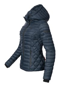 Quilted navy puffer jacket with a hood, zip closure, and two side pockets. Features elastic cuffs and a logo patch on the sleeve.