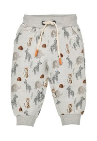 Graue Baumwoll-Sweatpants mit einem verspielten Tierdruck, der Elefanten, Zebras und Tiger zeigt. Inklusive Kordelzugbund und Bündchen an den Knöcheln.