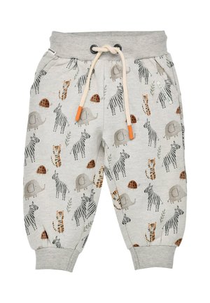 Graue Baumwoll-Sweatpants mit einem verspielten Tierdruck, der Elefanten, Zebras und Tiger zeigt. Inklusive Kordelzugbund und Bündchen an den Knöcheln.