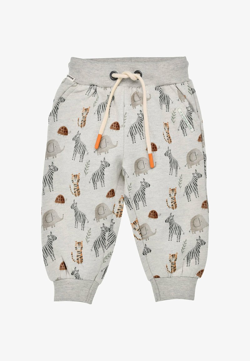 Grey cotton sweatpants featuring a playful animal print with elephants, zebras, and tigers. Includes a drawstring waist and cuffed ankles.